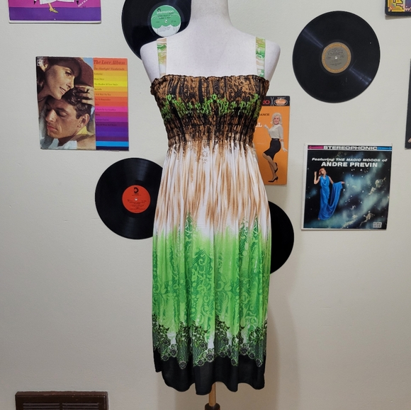 Stretchy Green & Brown Watercolor Boho Dress - Picture 1 of 5